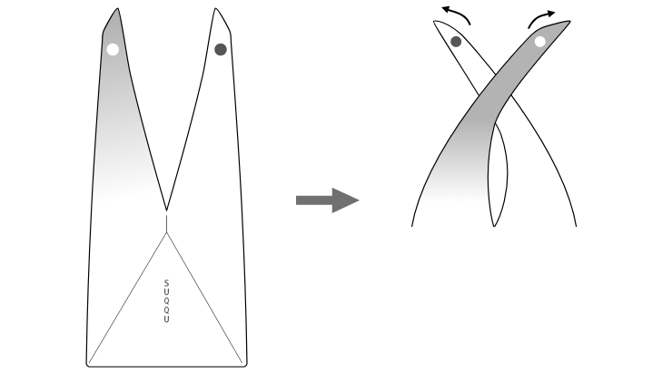 画像：ギフトバッグの全体像。上部が結べるように2つに分かれている。左は○、右は●とする。